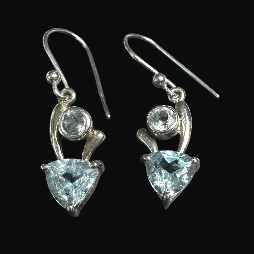 Topaz Sterling Silver 925 Trillion Round Blue Gemstone Drop Earrings French Wire